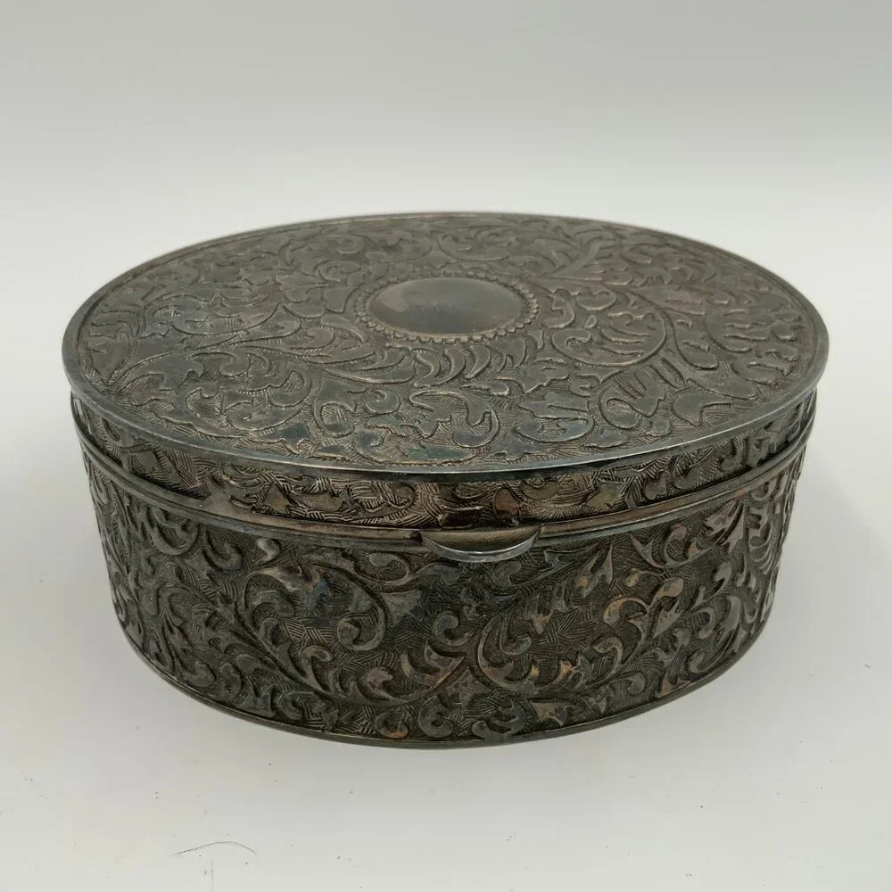 Silver Plated Oval Jewelry Box Red Velvet Lining